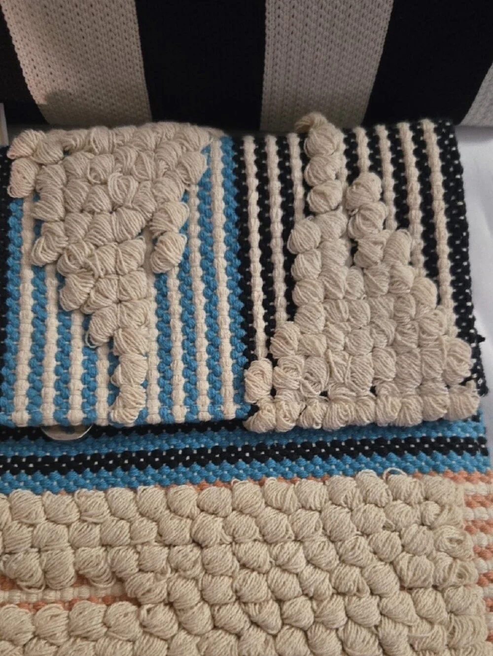 Black & White Striped Clutch with Textured Blue-Accent Clutch